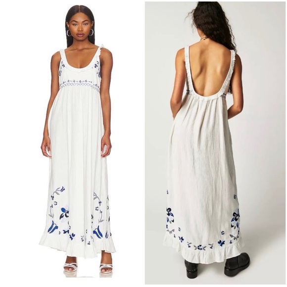 Free People Dresses & Skirts - Free People White Maxi Magda Dress with Blue Floral Embroidery /Large/ Excellent
